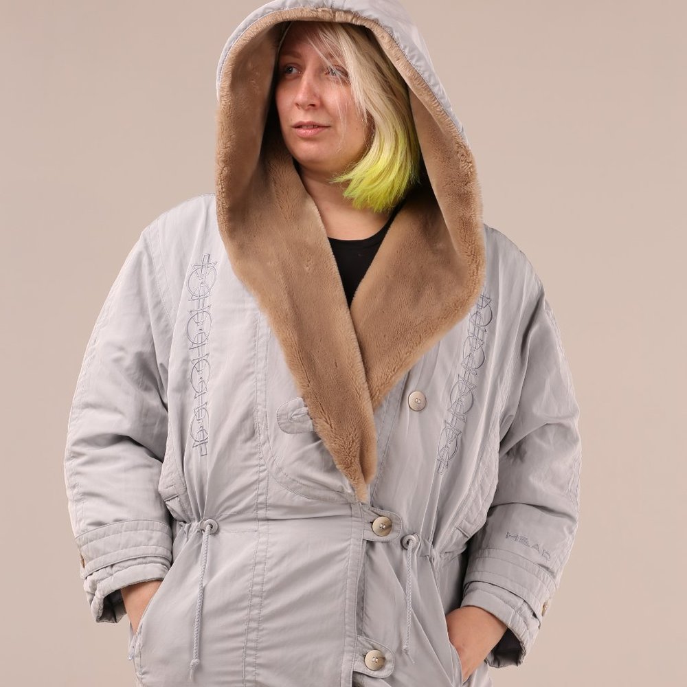 RARE! Vintage silver HEAD embroidered winter jacket with faux fur trim